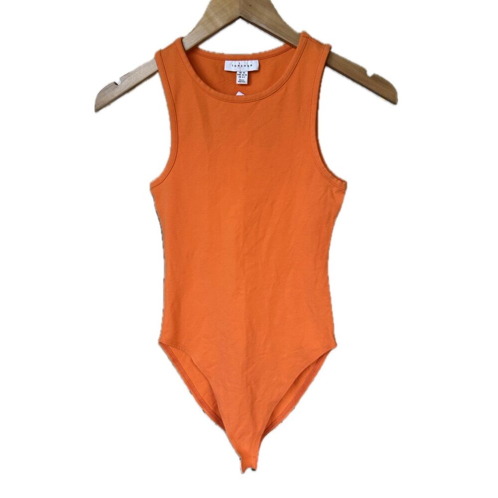 TOPSHOP NWT Women's Solid Bright Orange Snap Closure Stretch Bodysuit XS